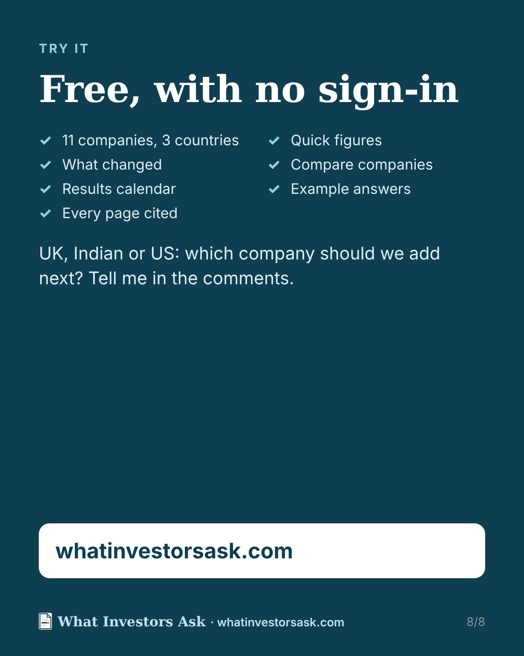 Free, with no sign-in: Quick figures, What changed, Compare, the results calendar and example answers.